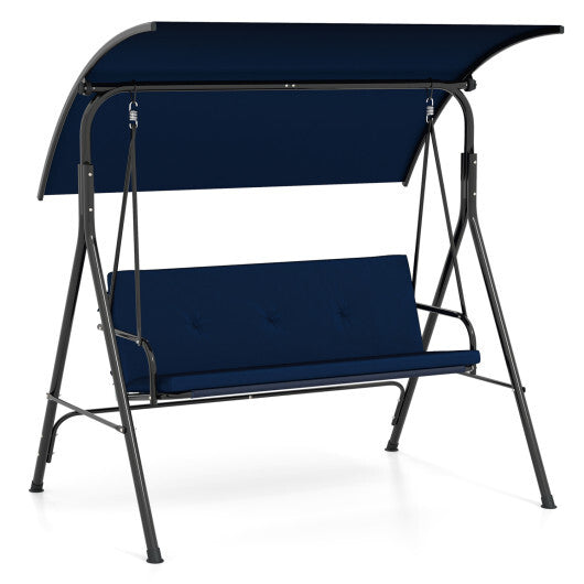 Patio Swing Chair with Adjustable Canopy & Removable Cushion and Metal Stand-Navy W2B