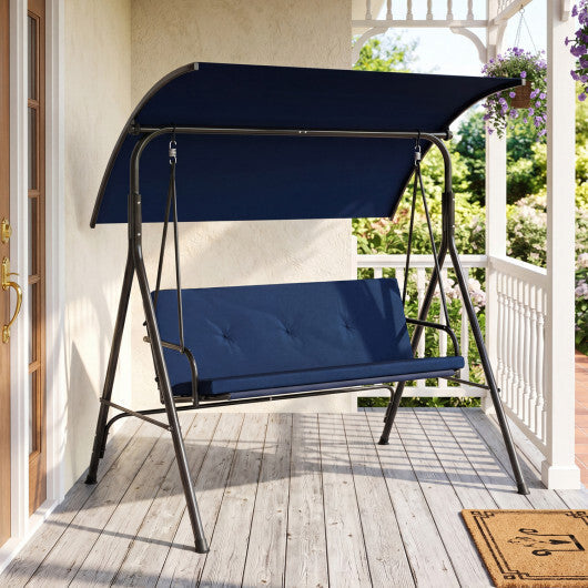 Patio Swing Chair with Adjustable Canopy & Removable Cushion and Metal Stand-Navy W2B
