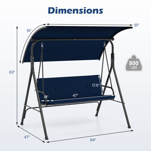 Patio Swing Chair with Adjustable Canopy & Removable Cushion and Metal Stand-Navy W2B