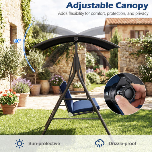 Patio Swing Chair with Adjustable Canopy & Removable Cushion and Metal Stand-Navy W2B