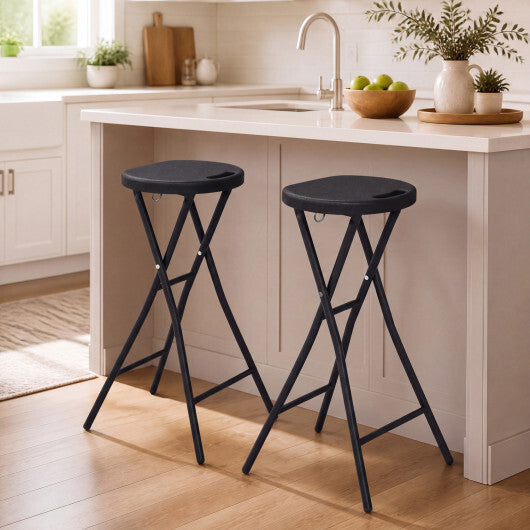 Set of 2 Folding Bar Stool 27.5" with HDPE Seat & Carry Handle for Kitchen Bar-Black W2B