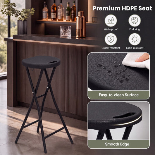 Set of 2 Folding Bar Stool 27.5" with HDPE Seat & Carry Handle for Kitchen Bar-Black W2B