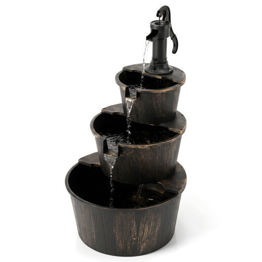 3-Tier Outdoor Barrel Waterfall Fountain with Electric Pump W2B