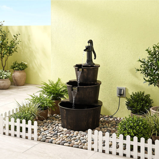 3-Tier Outdoor Barrel Waterfall Fountain with Electric Pump W2B