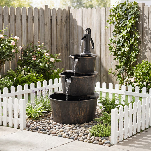 3-Tier Outdoor Barrel Waterfall Fountain with Electric Pump W2B