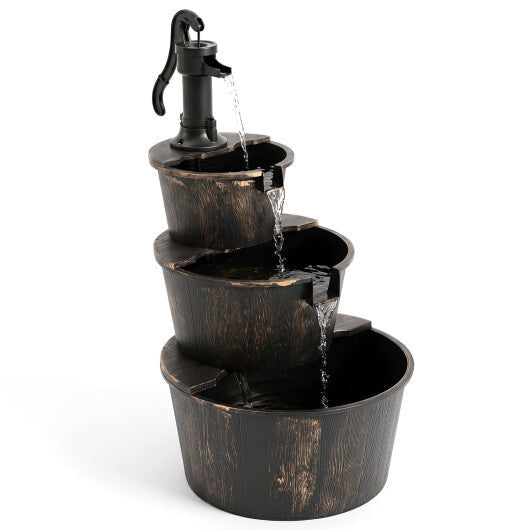 3-Tier Outdoor Barrel Waterfall Fountain with Electric Pump W2B