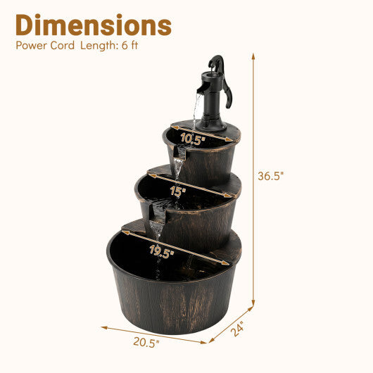 3-Tier Outdoor Barrel Waterfall Fountain with Electric Pump W2B