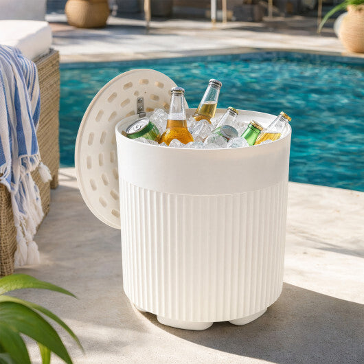 3-in-1 Outdoor Cooler Side Table with Fluted Design for Deck-White W2B