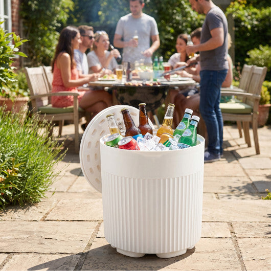 3-in-1 Outdoor Cooler Side Table with Fluted Design for Deck-White W2B