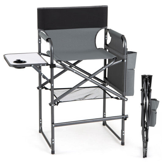 Folding Tall Director Chair 26 Inch Seat Height Portable Camping Chair with Side Table-Gray W2B