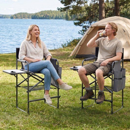 Folding Tall Director Chair 26 Inch Seat Height Portable Camping Chair with Side Table-Gray W2B