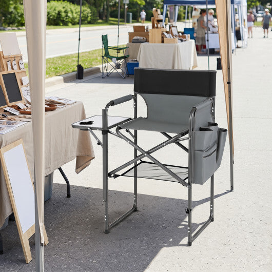 Folding Tall Director Chair 26 Inch Seat Height Portable Camping Chair with Side Table-Gray W2B