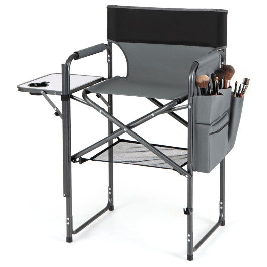 Folding Tall Director Chair 26 Inch Seat Height Portable Camping Chair with Side Table-Gray W2B