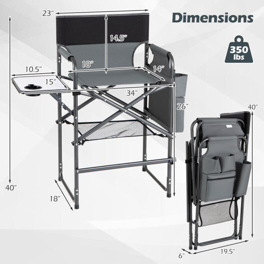 Folding Tall Director Chair 26 Inch Seat Height Portable Camping Chair with Side Table-Gray W2B
