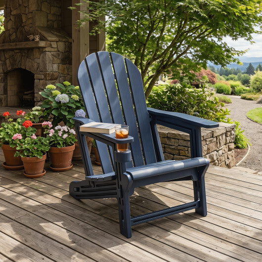 HDPE Adirondack Chair with Cup Holder and Wooden Texture for Patio-Blue W2B