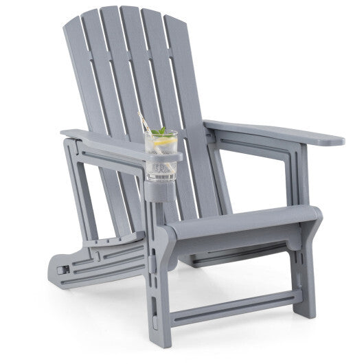HDPE Adirondack Chair with Cup Holder and Wood-Like Texture High Back for Garden-Gray W2B