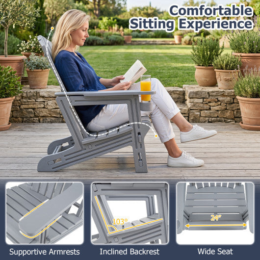 HDPE Adirondack Chair with Cup Holder and Wood-Like Texture High Back for Garden-Gray W2B