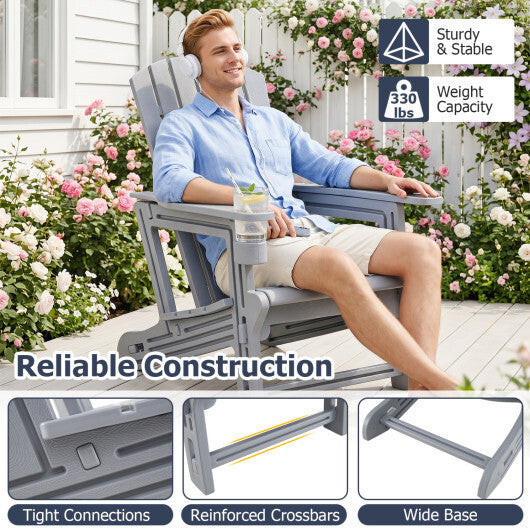 HDPE Adirondack Chair with Cup Holder and Wood-Like Texture High Back for Garden-Gray W2B