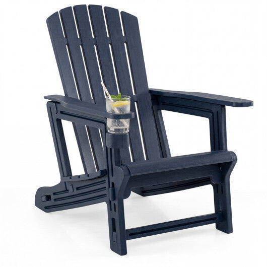 HDPE Adirondack Chair with Cup Holder and Wood-Like Texture High Back for Garden-Gray W2B