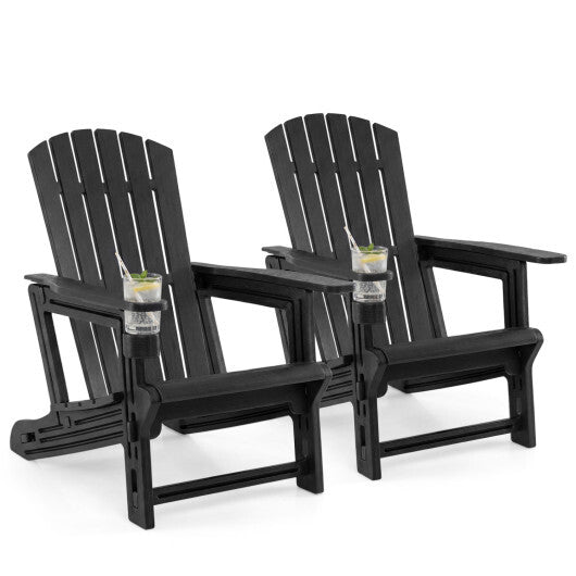 Set of 2 HDPE Adirondack Chair with Cup Holder and Wood-Like Texture  for Garden-Black W2B