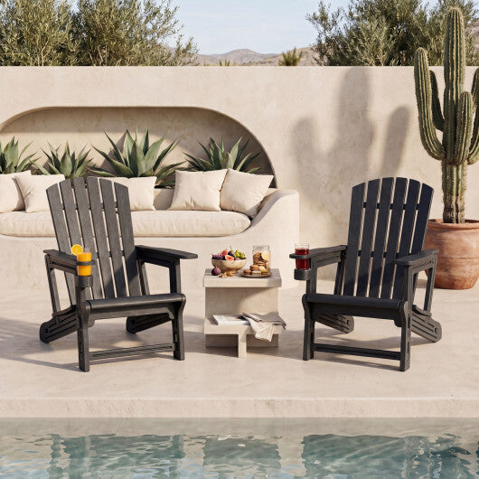 Set of 2 HDPE Adirondack Chair with Cup Holder and Wood-Like Texture  for Garden-Black W2B