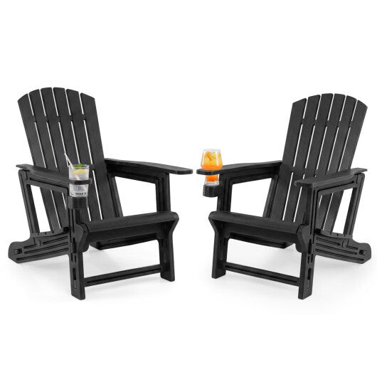 Set of 2 HDPE Adirondack Chair with Cup Holder and Wood-Like Texture  for Garden-Black W2B