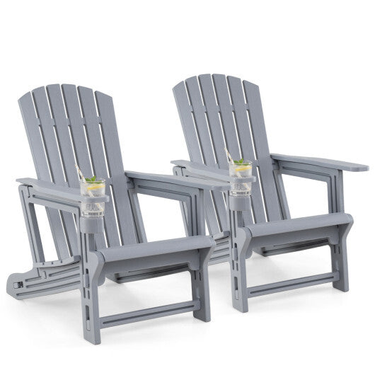 Set of 2 HDPE Adirondack Chair with Cup Holder and Wood-Like Texture  for Garden-Black W2B