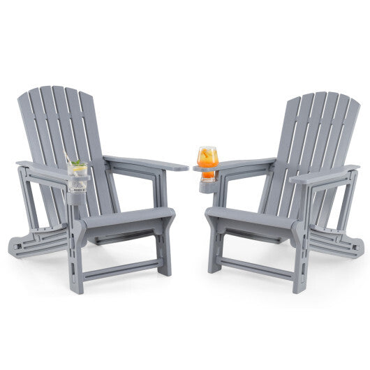 Set of 2 HDPE Adirondack Chair with Cup Holder and Wood-Like Texture  for Garden-Black W2B