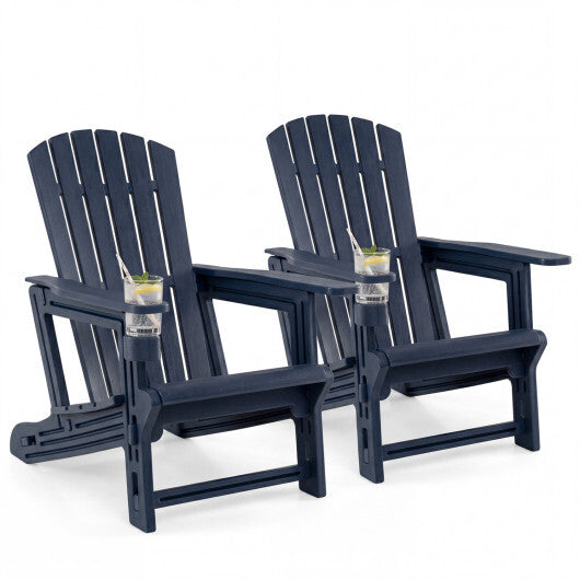 Set of 2 HDPE Adirondack Chair with Cup Holder and Wood-Like Texture  for Garden-Black W2B