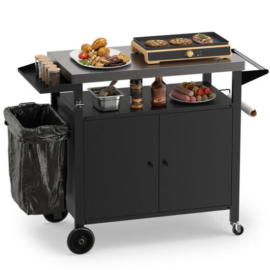 Outdoor Grill Cart with Stainless Steel Top & 2-Door Cabinet for BBQ Camping-Black W2B