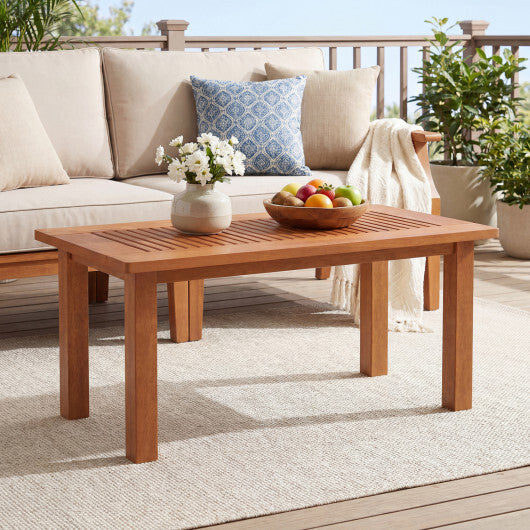 35.5 Inch Outdoor Modern Rectangular Coffee Table with Slatted Top for Backyard W2B