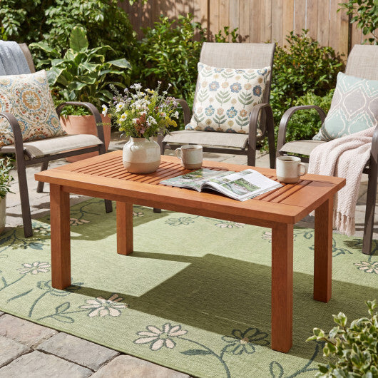 35.5 Inch Outdoor Modern Rectangular Coffee Table with Slatted Top for Backyard W2B