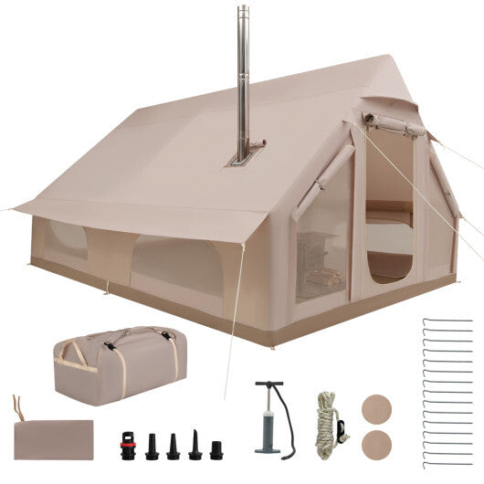 Inflatable  Easy Setup 4 Season Waterproof Oxford Camping Tent for Camping with Stove Jack for 6-10 Person-Beige W2B