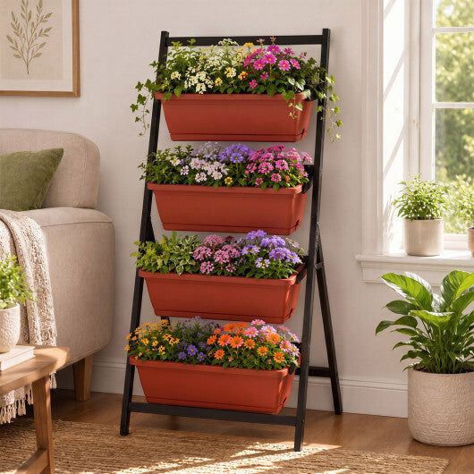 4-Tier Vertical Raised Garden Bed with 4 Containers and Drainage Holes-Black W2B