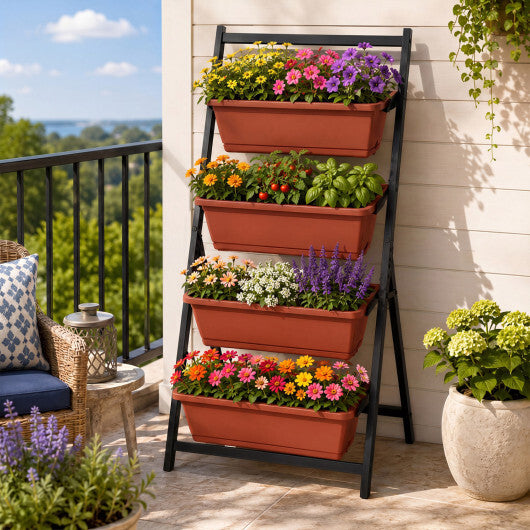4-Tier Vertical Raised Garden Bed with 4 Containers and Drainage Holes-Black W2B