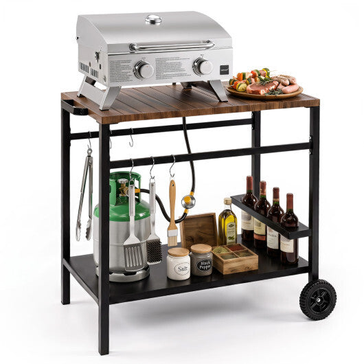 Outdoor Grill Cart with Spice Rack and Hooks for Patio and Garden-Brown W2B