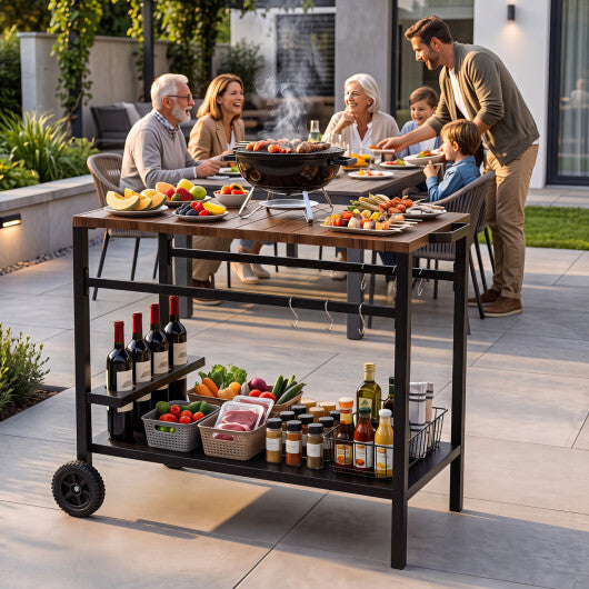 Outdoor Grill Cart with Spice Rack and Hooks for Patio and Garden-Brown W2B