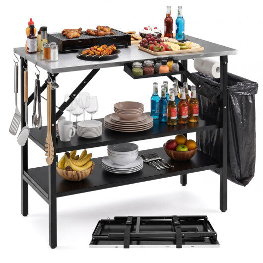 Foldable Outdoor Cook Station with Removable Shelves & Trash Bag Holder for Camping-Black W2B