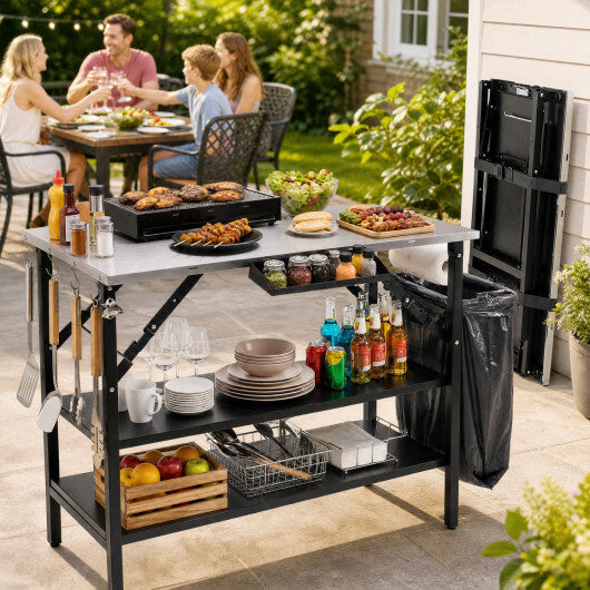 Foldable Outdoor Cook Station with Removable Shelves & Trash Bag Holder for Camping-Black W2B