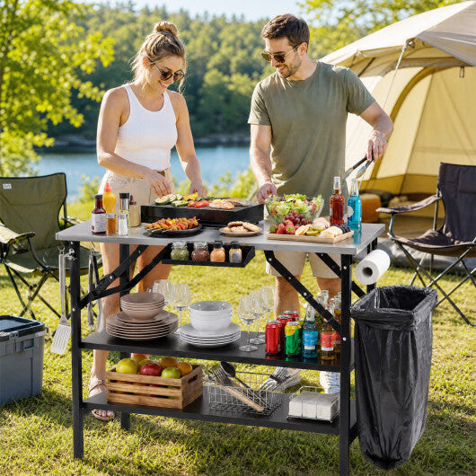 Foldable Outdoor Cook Station with Removable Shelves & Trash Bag Holder for Camping-Black W2B