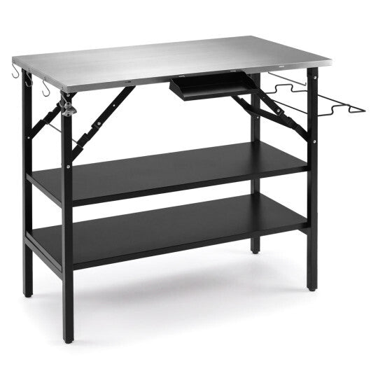 Foldable Outdoor Cook Station with Removable Shelves & Trash Bag Holder for Camping-Black W2B