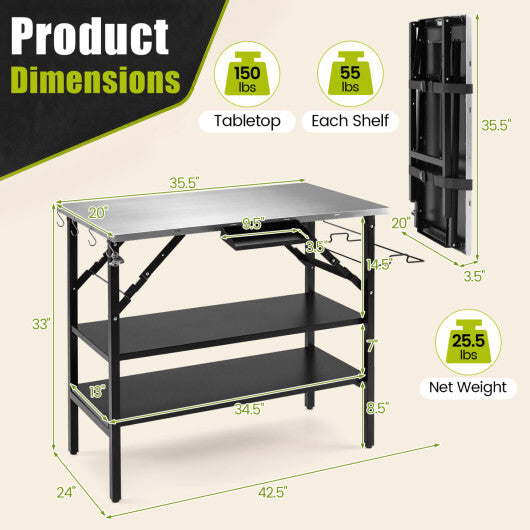Foldable Outdoor Cook Station with Removable Shelves & Trash Bag Holder for Camping-Black W2B