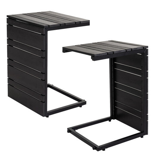 Set of 2 Space-Saving C-Shaped Side Table with Wood-Plastic Top-Black W2B