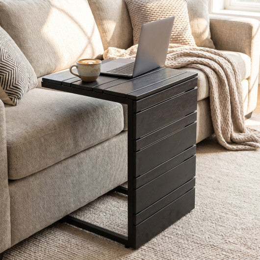 Set of 2 Space-Saving C-Shaped Side Table with Wood-Plastic Top-Black W2B