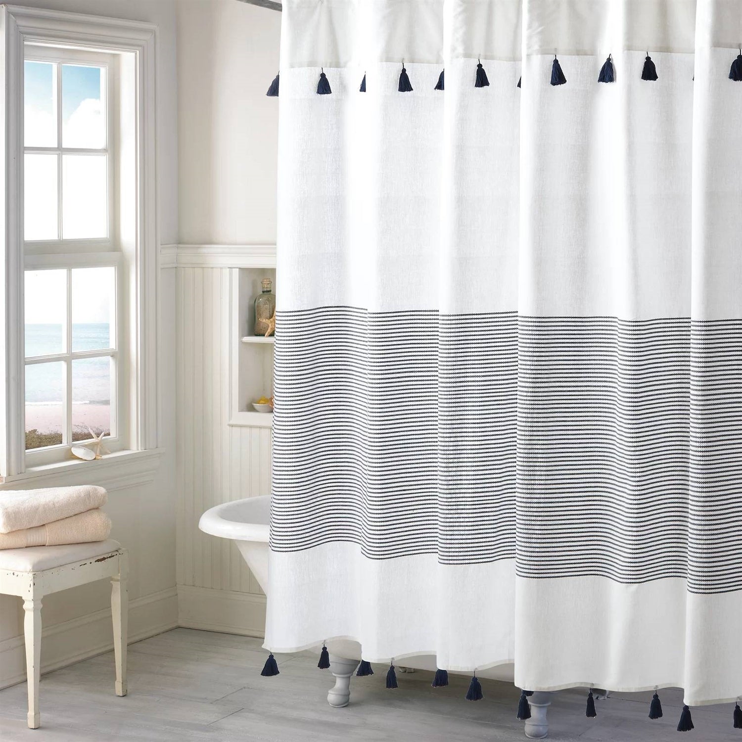 72-inch Navy and White Stripes Cotton Shower Curtain FastFurnishings