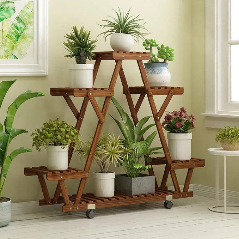 Indoor Outdoor Solid Wood Triangular Multi-Tier Plant Stand with Locking Wheels FastFurnishings