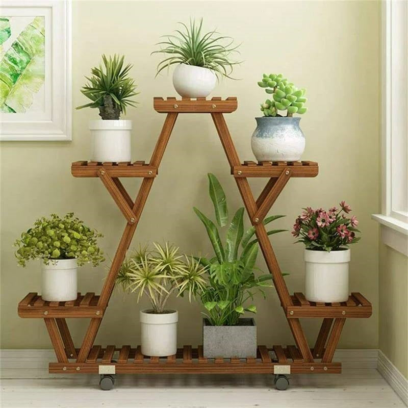 Indoor Outdoor Solid Wood Triangular Multi-Tier Plant Stand with Locking Wheels FastFurnishings