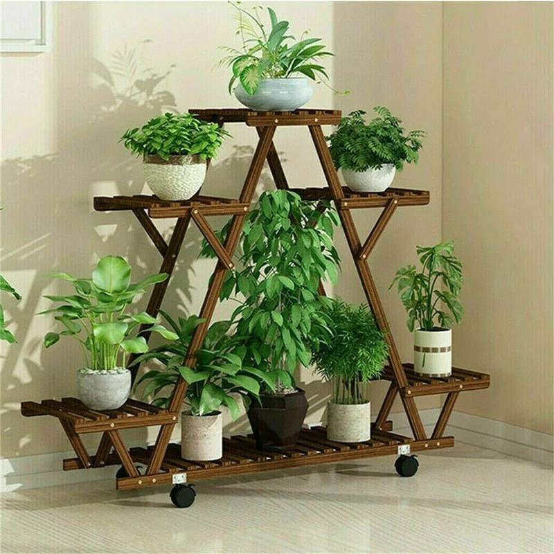 Indoor Outdoor Solid Wood Triangular Multi-Tier Plant Stand with Locking Wheels FastFurnishings