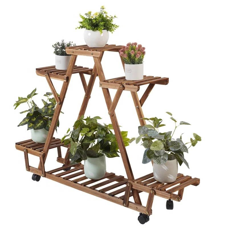 Indoor Outdoor Solid Wood Triangular Multi-Tier Plant Stand with Locking Wheels FastFurnishings