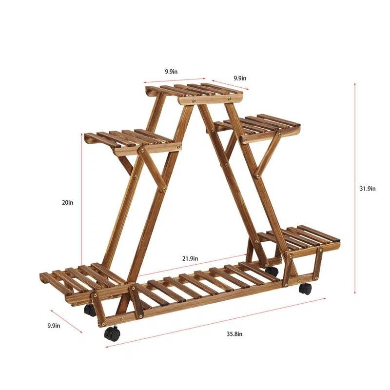 Indoor Outdoor Solid Wood Triangular Multi-Tier Plant Stand with Locking Wheels FastFurnishings